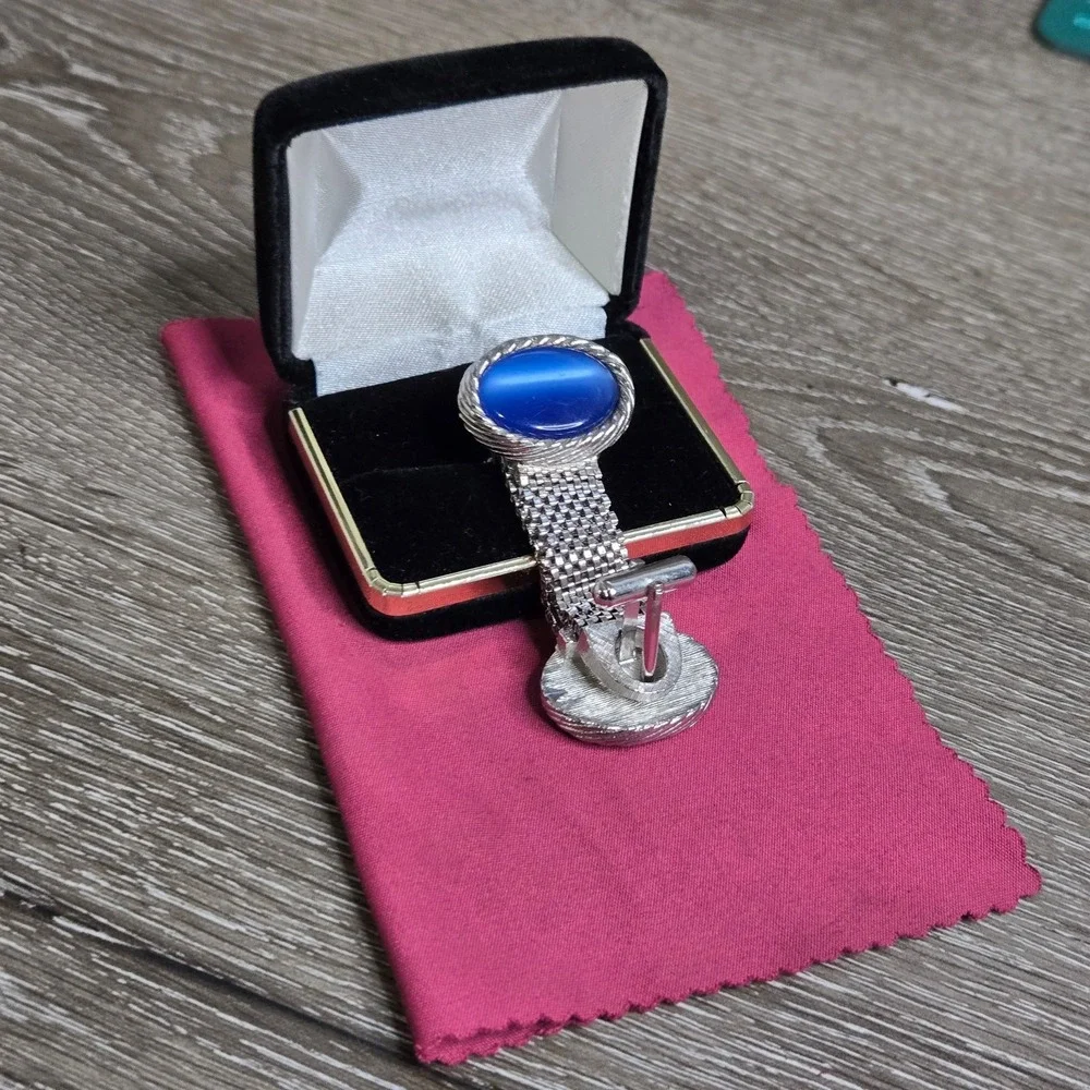 Silver Tone Blue Chatoyant Glass Cufflinks Wrap Around Mesh Toggle Back